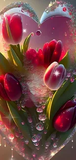 Heart-shaped glass filled with vibrant tulips and water droplets.