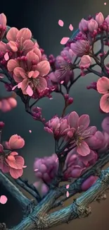 Heart-shaped branch with pink blossoms in artistic design.