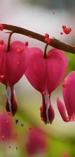 Heart-shaped pink flowers with tiny red hearts, creating a romantic vibe.