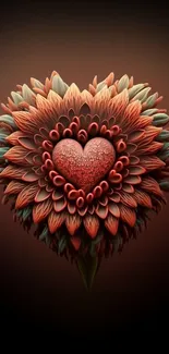 Heart-shaped floral pattern with red hues on a brown background.