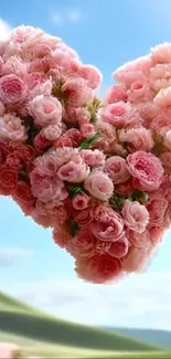 Heart of pink roses against a blue sky.