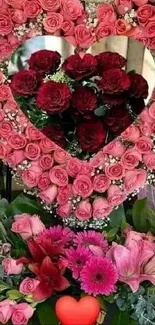 Heart-shaped pink rose arrangement with colorful flowers.