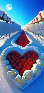 Heart-shaped path with roses and snow under a vibrant blue sky.