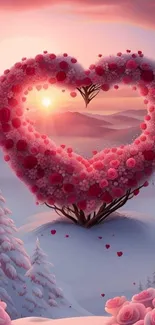 Heart-shaped floral design at sunset over snow-covered hills.