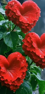 Close-up of heart-shaped red flowers with water droplets.