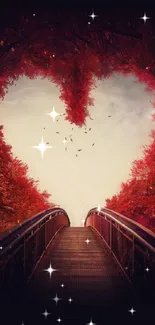 Heart-shaped path through red forest with a bridge.