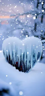 Heart-shaped ice in snowy winter landscape.