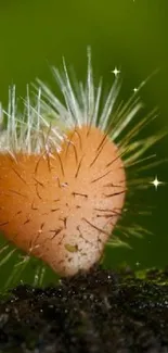 Heart-shaped orange fungi on dark green background.