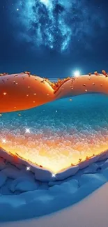 Heart-shaped icy lake reflecting a stunning starry galaxy in a tranquil night scene.