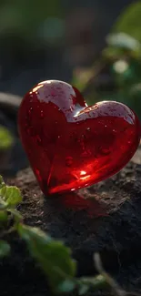 Red heart-shaped glass gem on natural background.