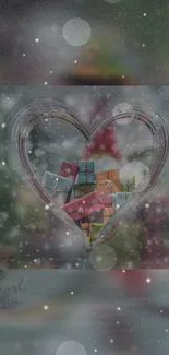 Heart-shaped frame with gifts and snowflakes on dreamy wallpaper.