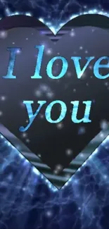 Heart-shaped 'I love you' wallpaper with a blue electric glow.