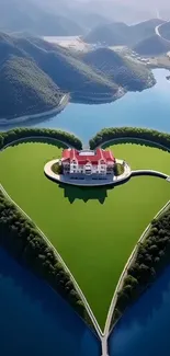 Heart-shaped island with lush greenery surrounded by blue waters.