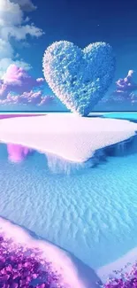 Heart-shaped island in pink and light blue serene landscape illustration.