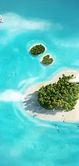 Heart-shaped island in turquoise waters with a passing boat.