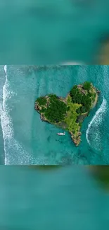 Aerial view of a heart-shaped island surrounded by turquoise ocean waters.