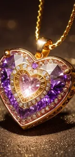 Heart-shaped purple and gold jewel pendant on chain.