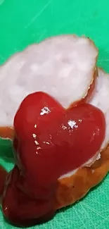 Sausage slice with a heart-shaped ketchup topping on green board.