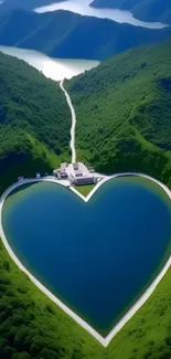 Heart-shaped lake surrounded by green hills.