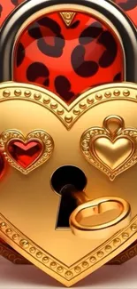 Heart shaped golden lock with key on red animal print background.