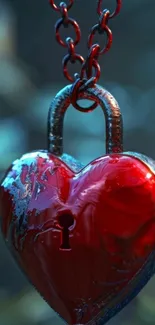 Heart-shaped metal lock hanging on chains.