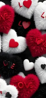 Fluffy red, white, and black hearts with the word 'Love.'