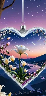 Heart-shaped ornament with flowers and a starry night landscape.
