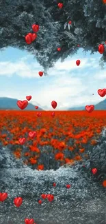 Heart-shaped forest view with red flowers and blue sky.