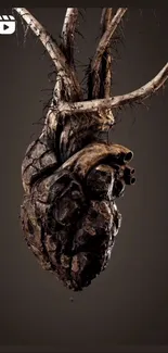 Heart-shaped tree root on dark background, artistic and natural design.