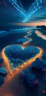 Enchanting heart-shaped light on a tranquil beach under a starry night sky.