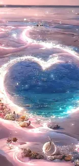 Magical heart-shaped ocean with pink and blue hues, set in a dreamlike landscape.