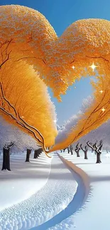 Heart-shaped orange treetops over snow.