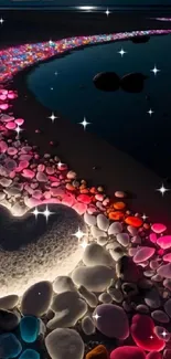 Heart-shaped pebbles night beach scene with colorful stones.