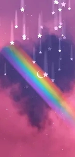 Heart-shaped cloud with rainbow and moon on a pink sky wallpaper.