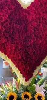 Heart-shaped red rose floral arrangement with vibrant sunflowers.