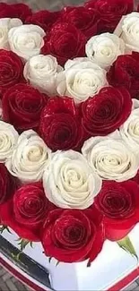 Heart-shaped bouquet of red and white roses on mobile wallpaper.