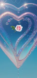 Sparkling heart with pink rose on blue sky.