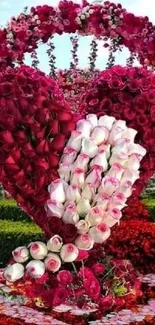 Heart-shaped rose display in vivid garden setting.