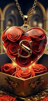 Heart-shaped pendant filled with red roses and gold chain.