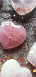 Heart-shaped rose quartz stones on display.