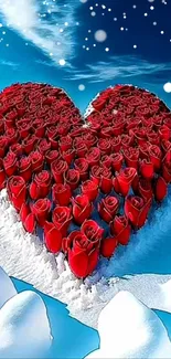 Heart-shaped red roses on snowy ground with blue sky.