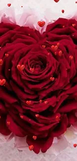 A heart-shaped arrangement of red roses with pink edges.