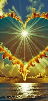 Heart-shaped cloud over ocean with sun rays.