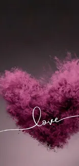 Heart-shaped pink smoke with love text, perfect for mobile wallpaper.