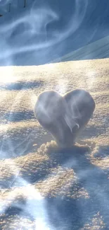 Heart-shaped snow in golden sunlight creates a serene winter scene.