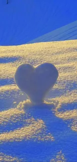 Heart-shaped snow in golden sunset glow, peaceful winter scene.