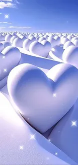 Heart-shaped snow in a serene winter landscape under a blue sky.