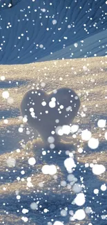 Heart-shaped snow sculpture on a sunlit snowy field.