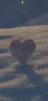 Heart-shaped snow in moonlit winter landscape.