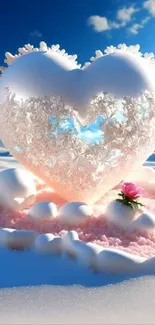 Heart-shaped snowy scene with pink flower under a blue sky.